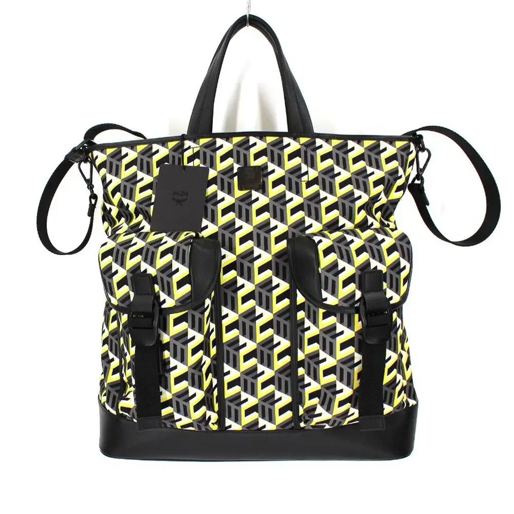 MCM Large Cubic Tote Bag Yellow Monogram Black Leather Trim Shoulder Crossbody